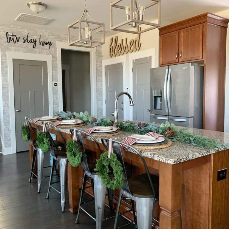 Decorative Lettering Above Gray Kitchen Doors