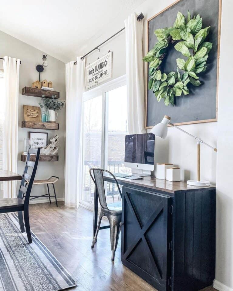 Farmhouse Black Barn Desk with Wreath Wall Decoration