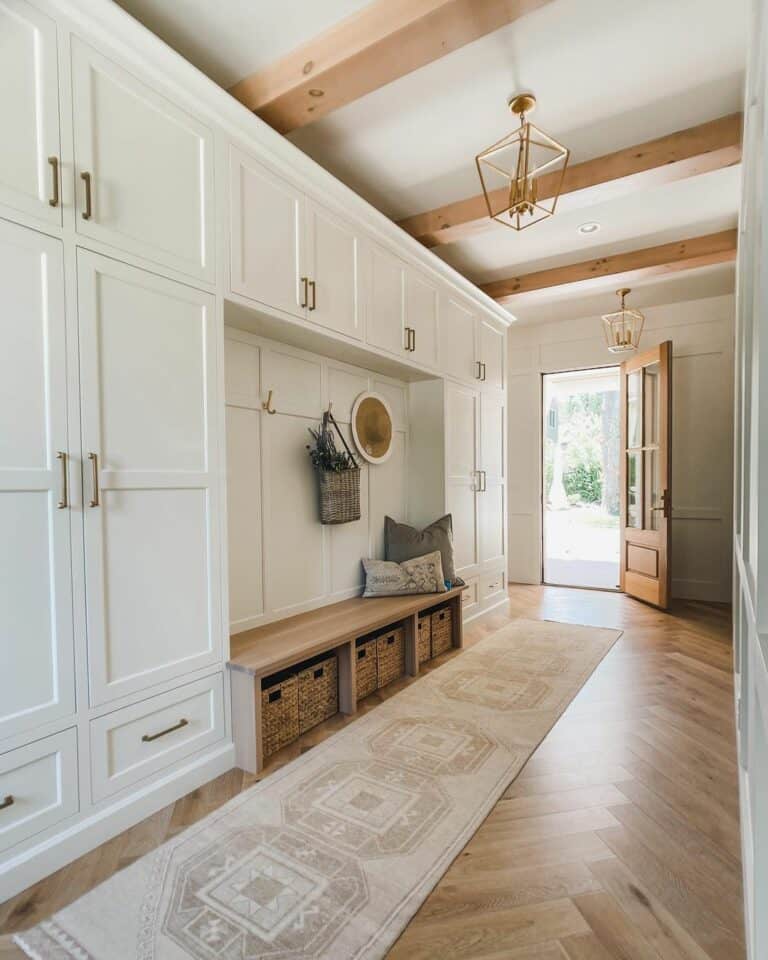 White Mudroom Lockers with Brass Hardware