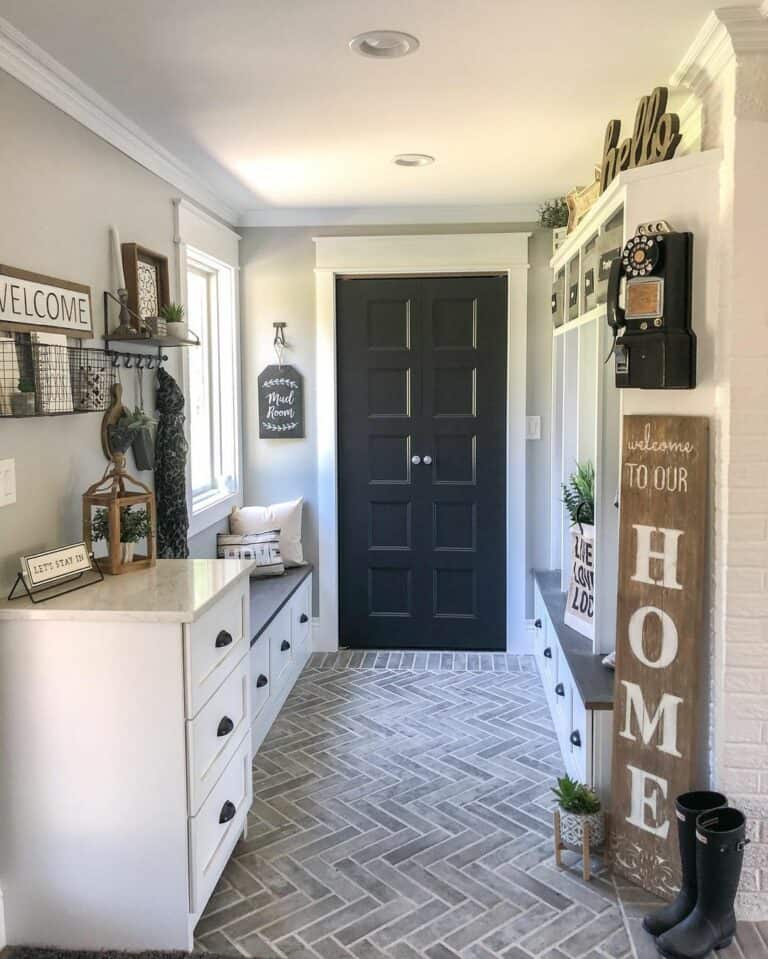 Farmhouse Mudroom with White Lockers