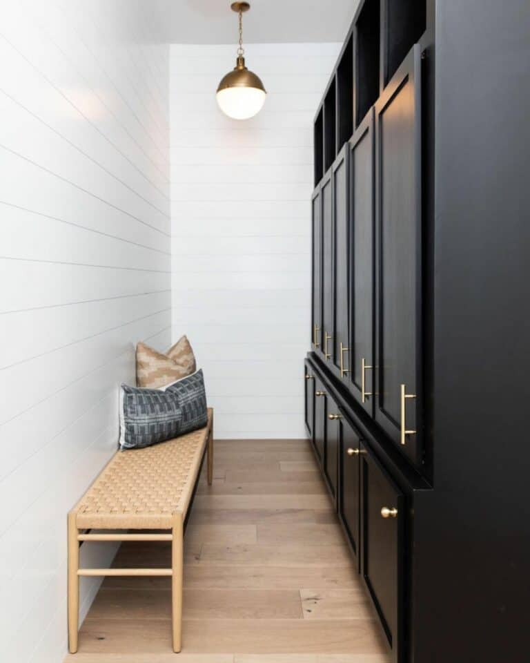White Shiplap Mudroom with Black Lockers