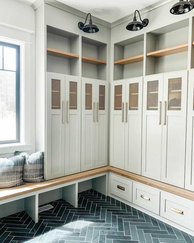 Gray Lockers with Black Metal Sconces