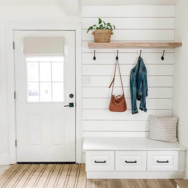 White Built-in Mudroom Bench with Drawers