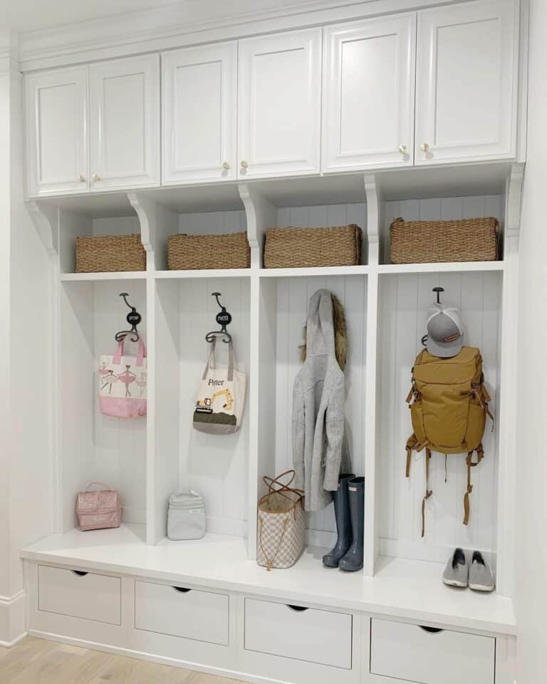 White Mudroom Lockers with White Shiplap Trim