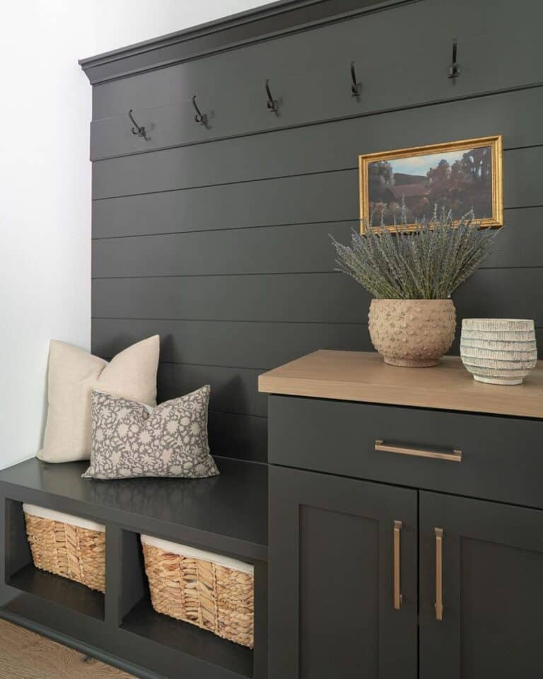 Black Shiplap Half Wall with Black Coat Hangers