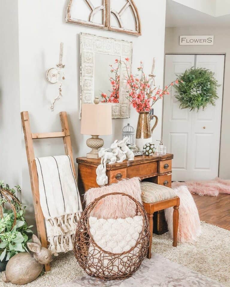 Wooden Desk with Pink Farmhouse Décor