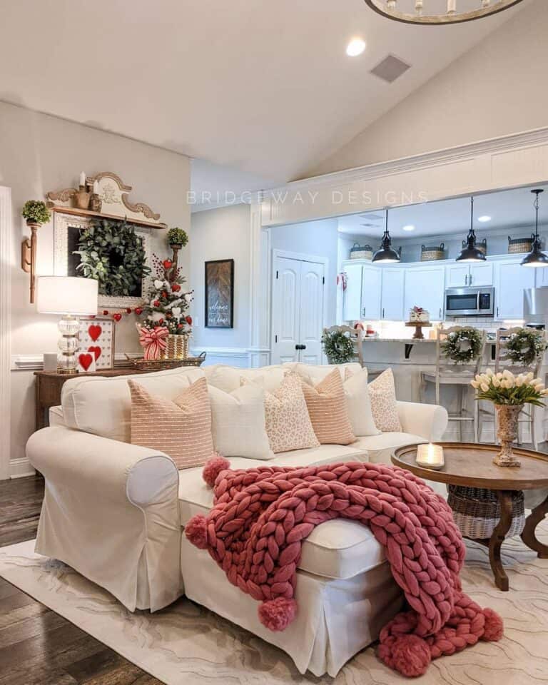 Pink Living Room Décor for White Chaise Lounge Sofa