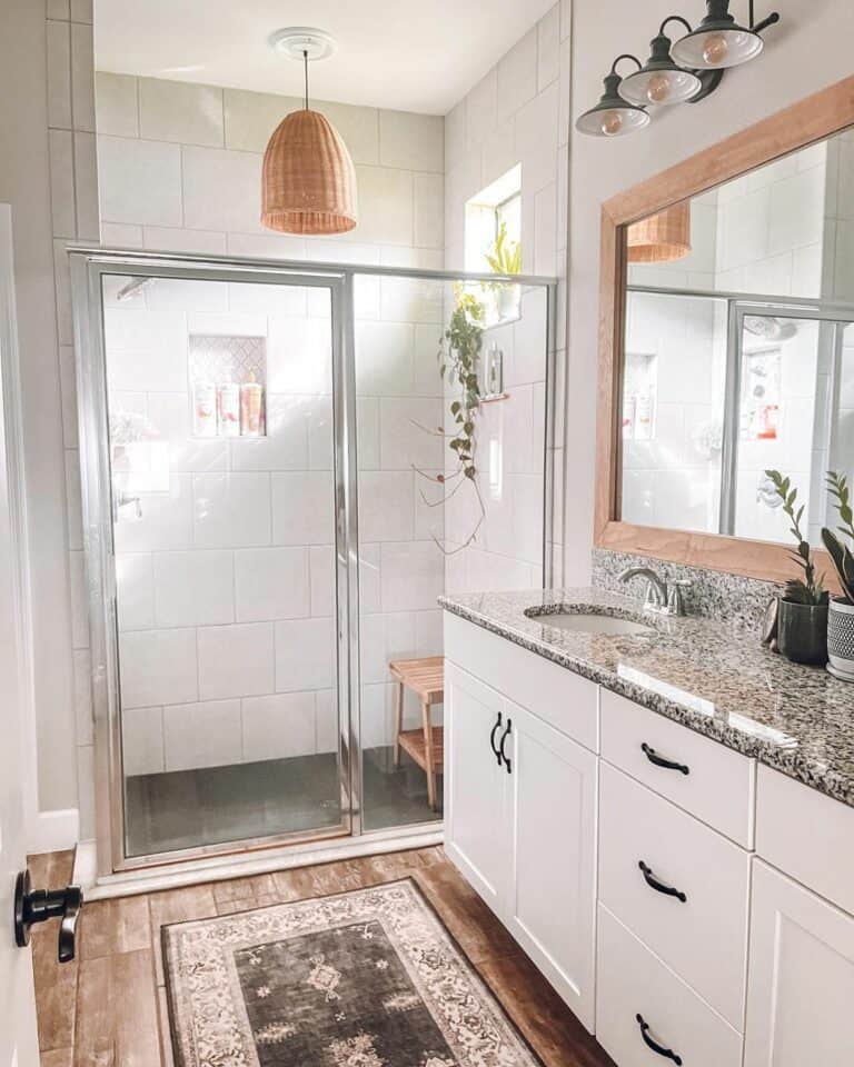 White and Wicker Bathroom with Shower Niche