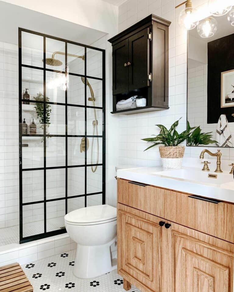 Black and White Shower with Natural Wood Vanity