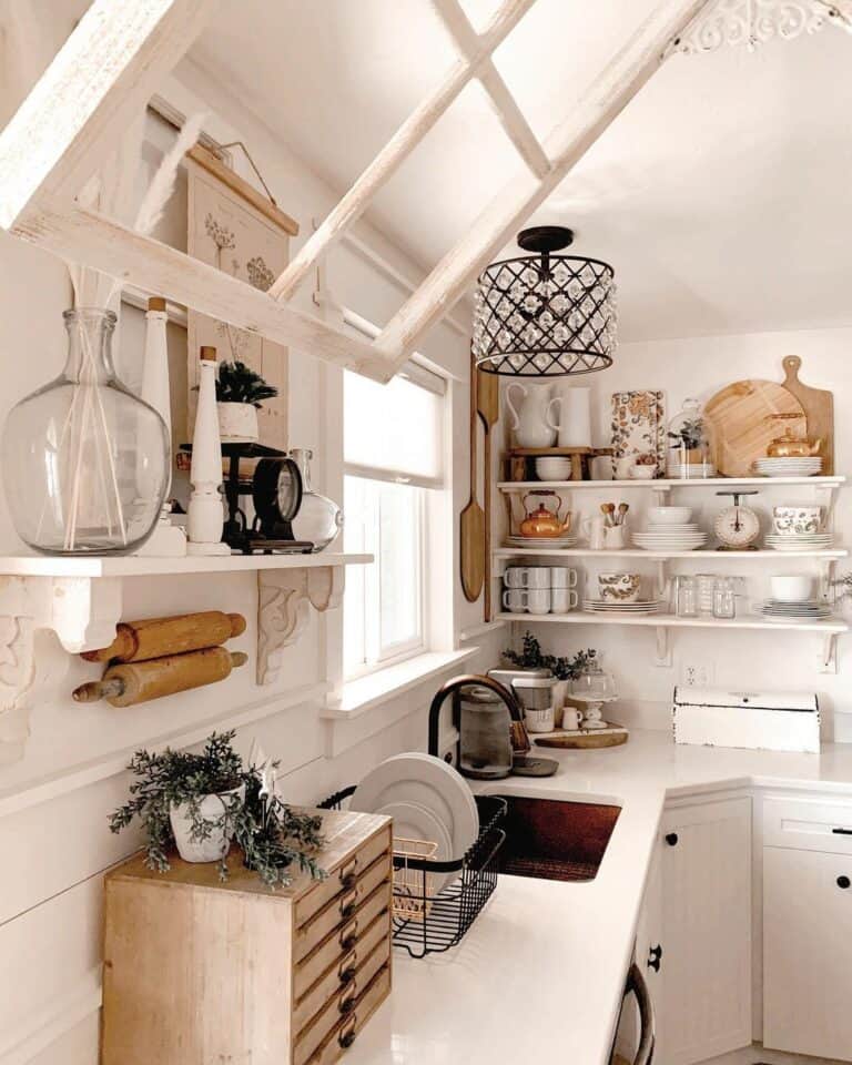 Tiny Copper Kettles in Rustic Kitchen