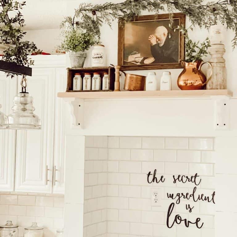 Light Wood Kitchen Mantle with Copper Pitcher