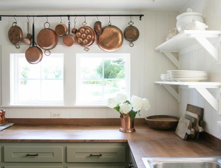 Copper Kitchen Accessories on White Shiplap