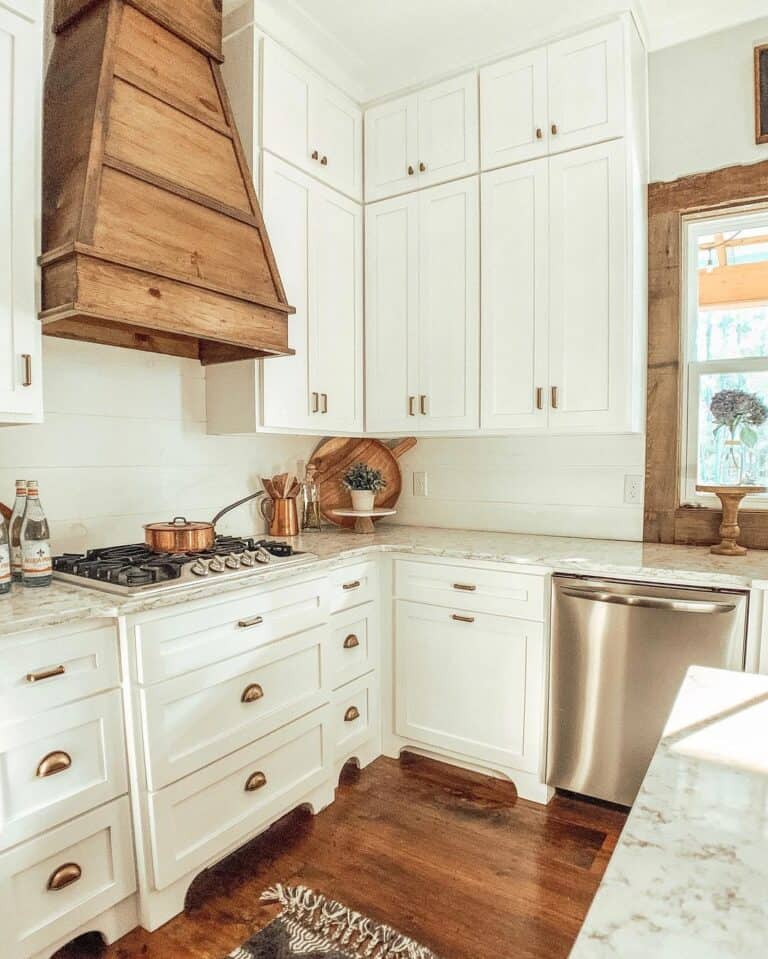 White Cabinets with Wood Range Hood