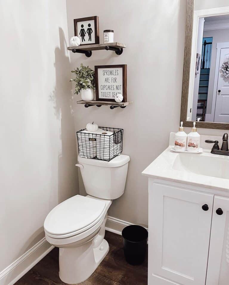 Subtle Fall Decor on Wood Bathroom Shelves