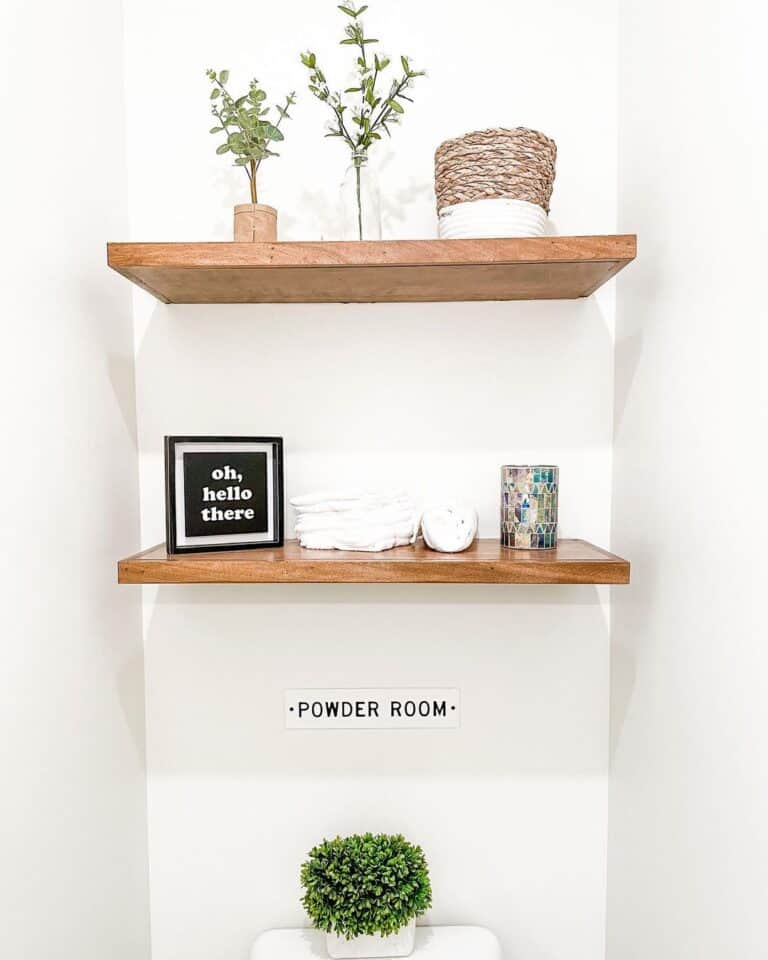 Wood Floating Shelves in Minimalist White Powder Room