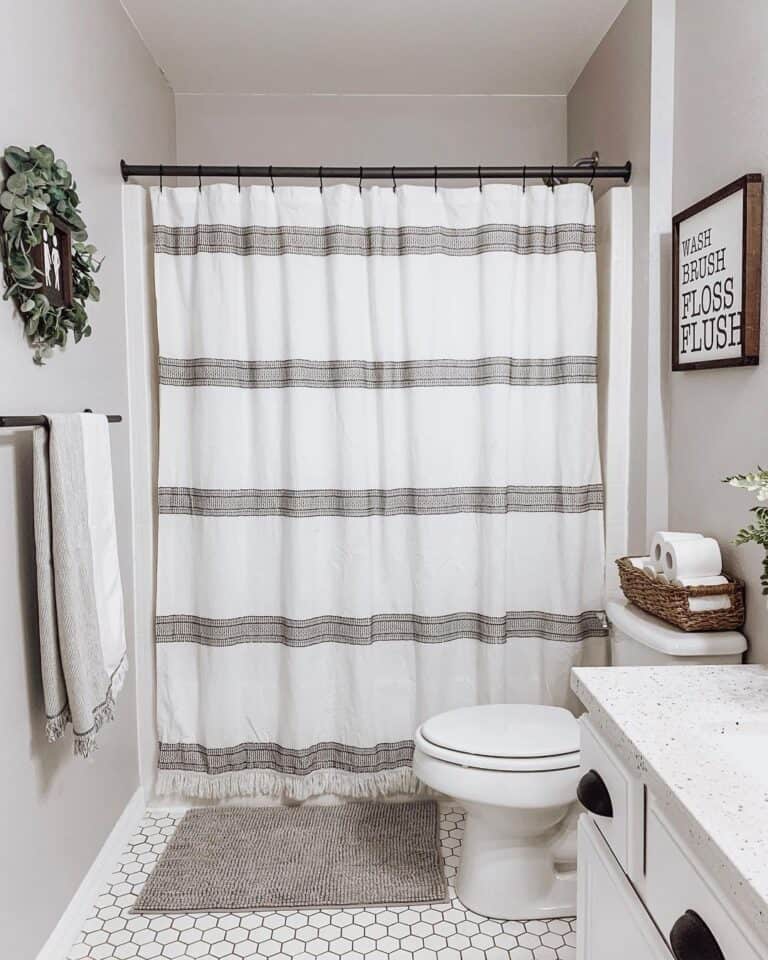 White and Gray Bathroom with Hexagon Floors