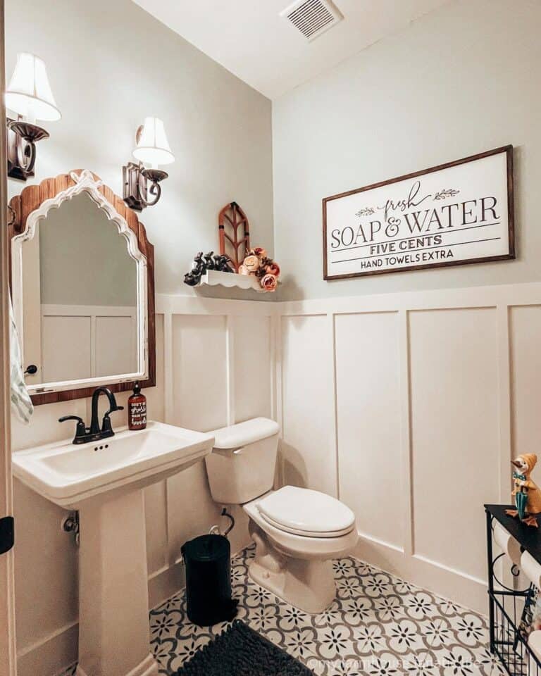 Pedestal Sink Bathroom with Farmhouse Wall Decor
