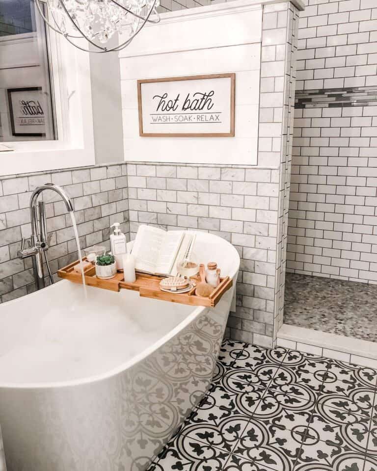 Freestanding Bathtub Below Large Bath Sign