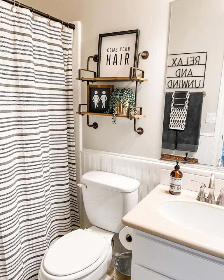 Beadboard Bathroom with Striped Shower Curtain