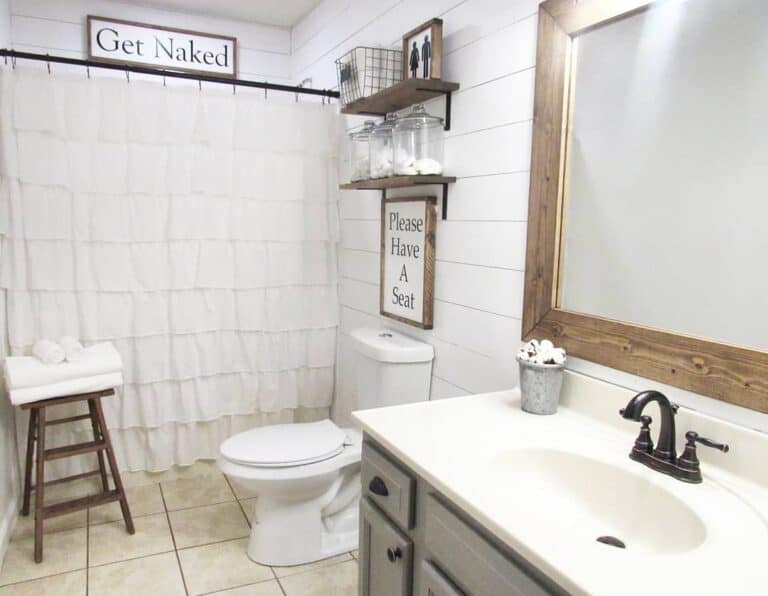 Farmhouse Bathroom Decor Signs in Shiplap Bathroom