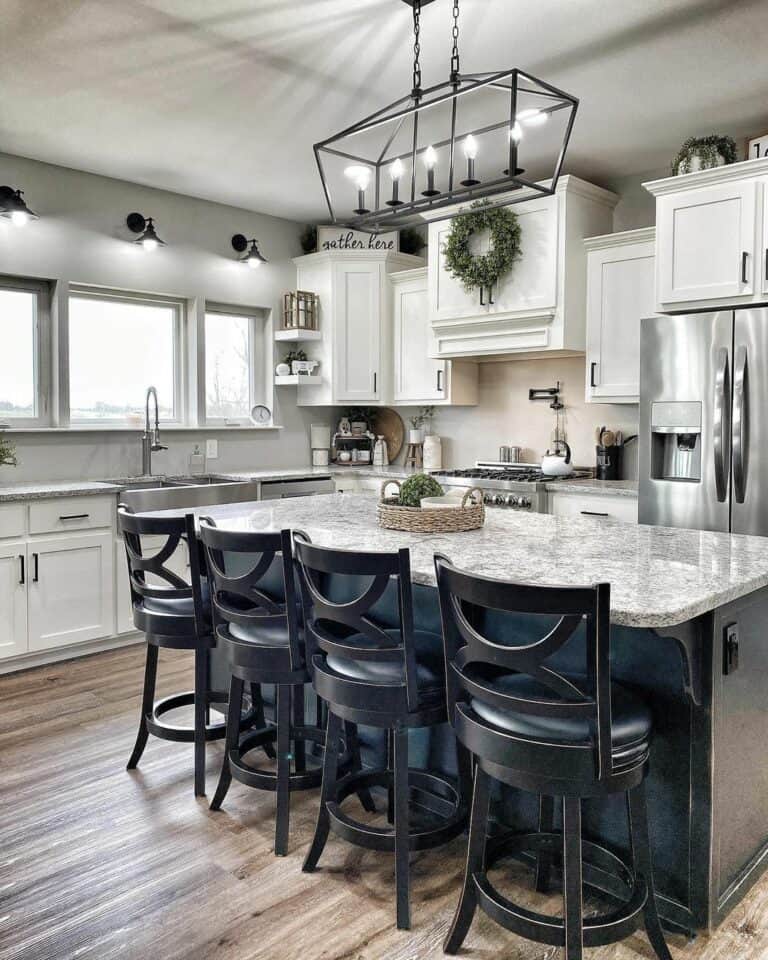 Black Lantern Chandelier Over a Grey Counter