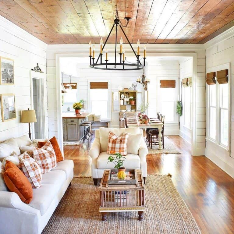 Wagon Wheel Chandelier on Wood Shiplap Ceiling