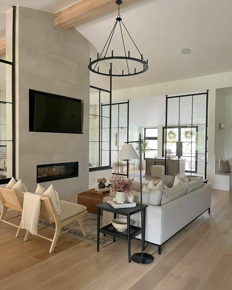 Rustic Black Chandelier Over a White Sofa