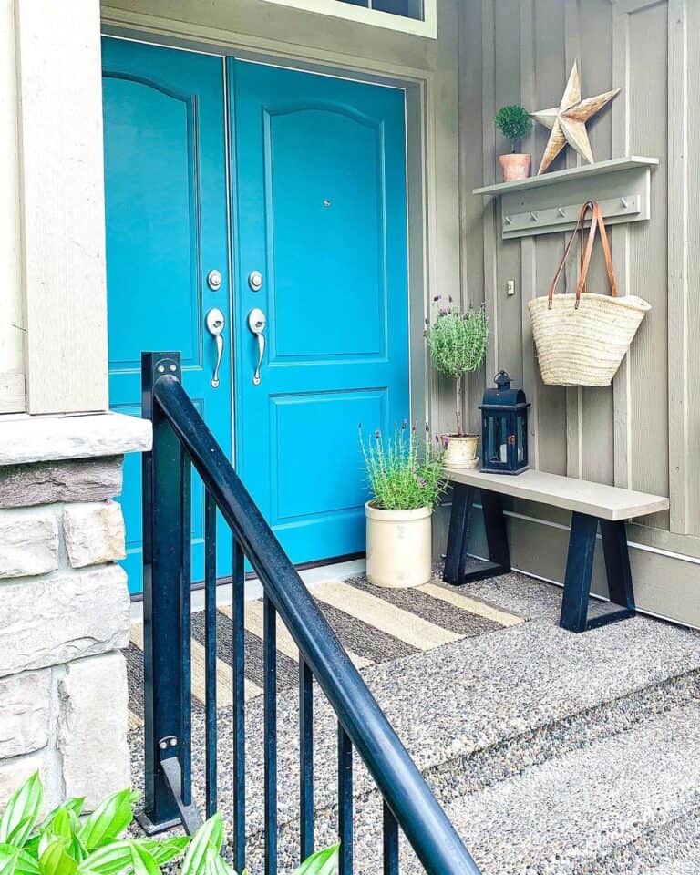 Textured Porch with Blue Double Front Doors