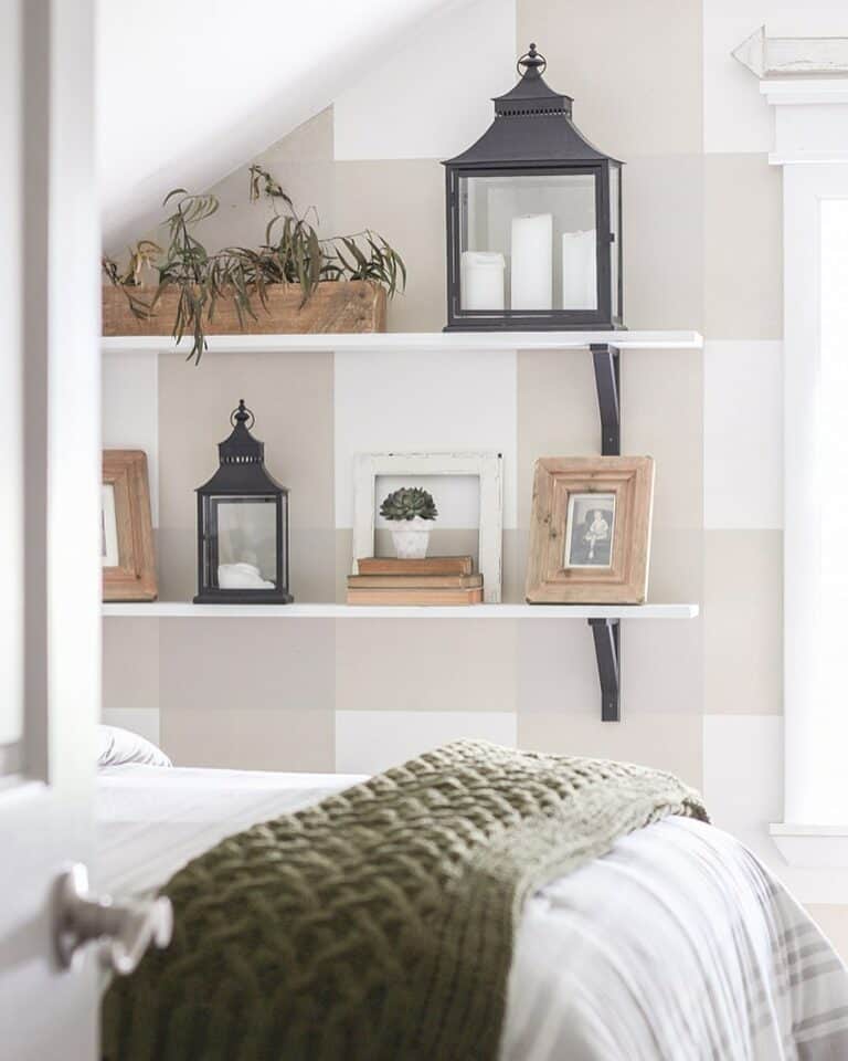 Black Lanterns on White Shelves