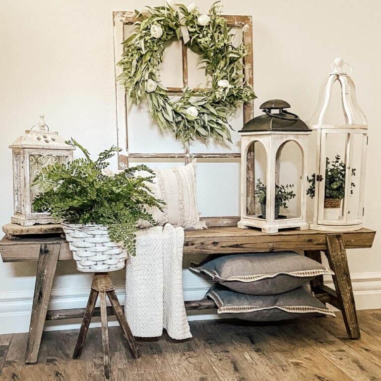 Wood Console Table Accessorized by Farmhouse Décor