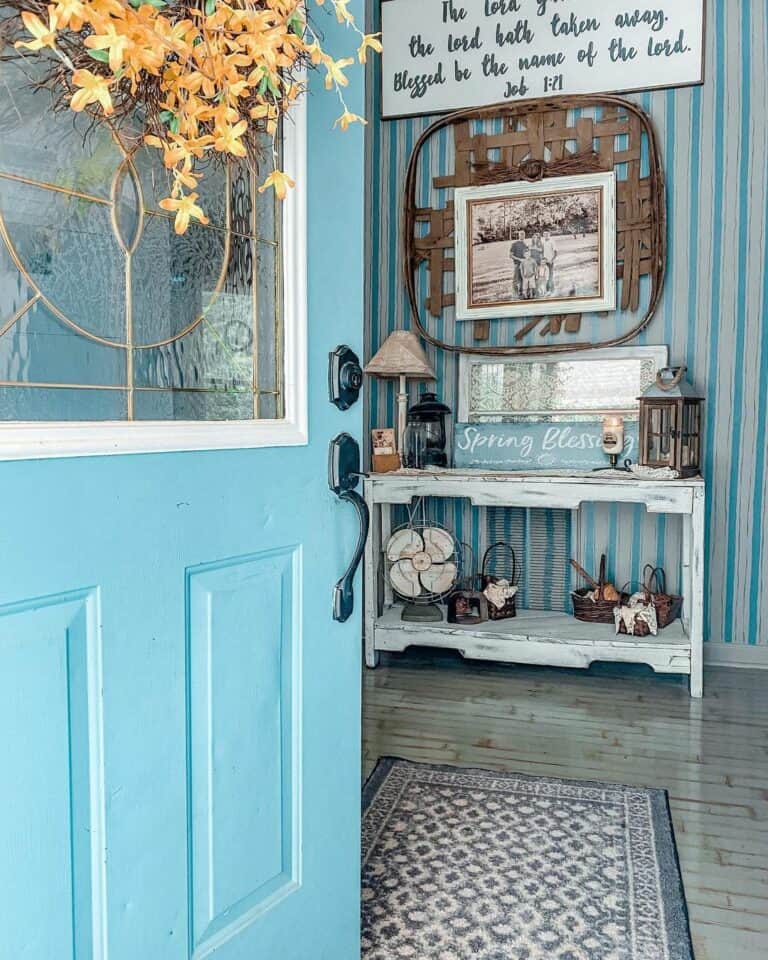 Striped Blue Wall Hosts Foyer Wall Décor