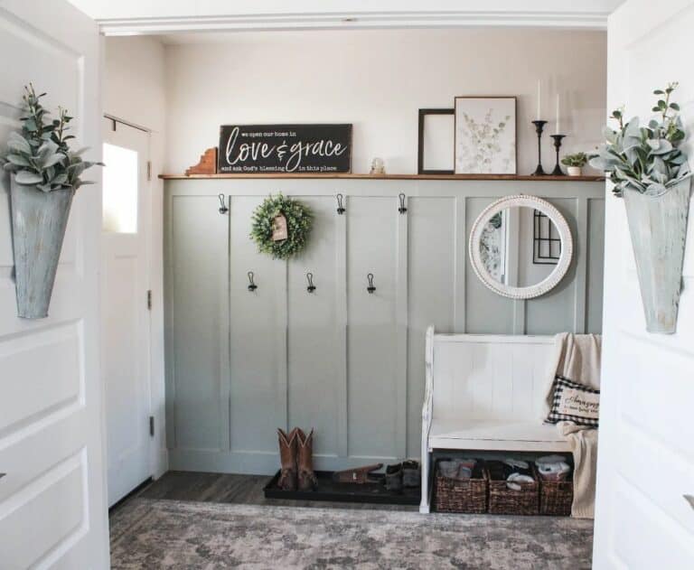 Wood Mantel on Gray Board and Batten Wainscoting
