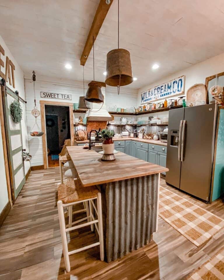 Kitchen Signs and Rusty Bucket Pendant Lights