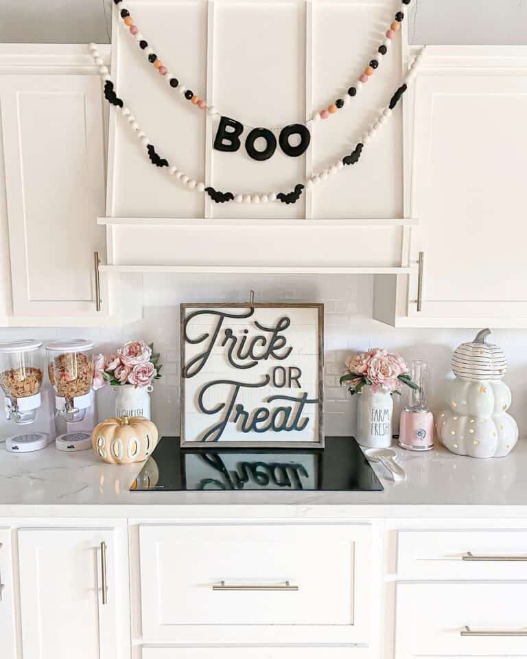 A Halloween Kitchen Sign and Pink Flowers