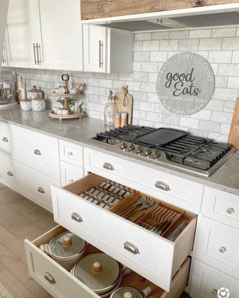 Circular Gray Kitchen Sign on Gray Subway Tile