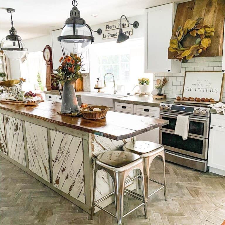 Kitchen Signs and a Brown Herringbone Brick Floor
