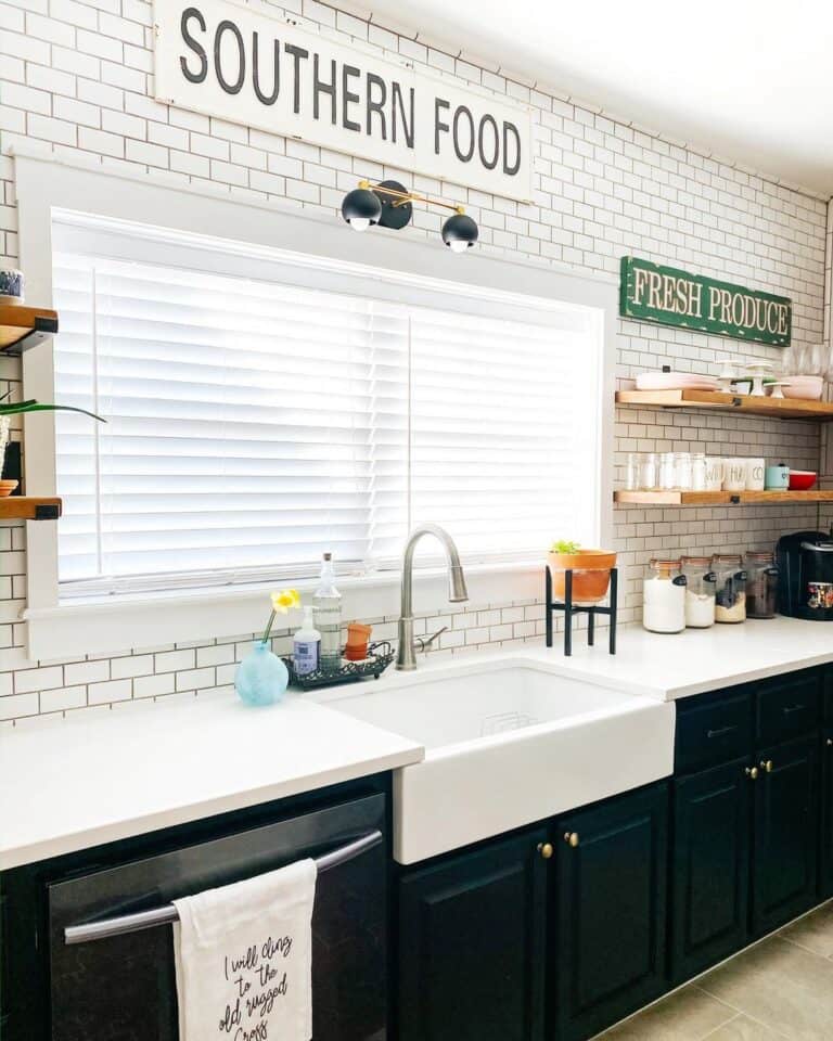 Farmhouse Signs for a Kitchen on a Subway Tile Wall