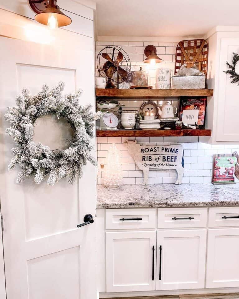 Farmhouse Sign for a Kitchen Under Floating Wood Shelves