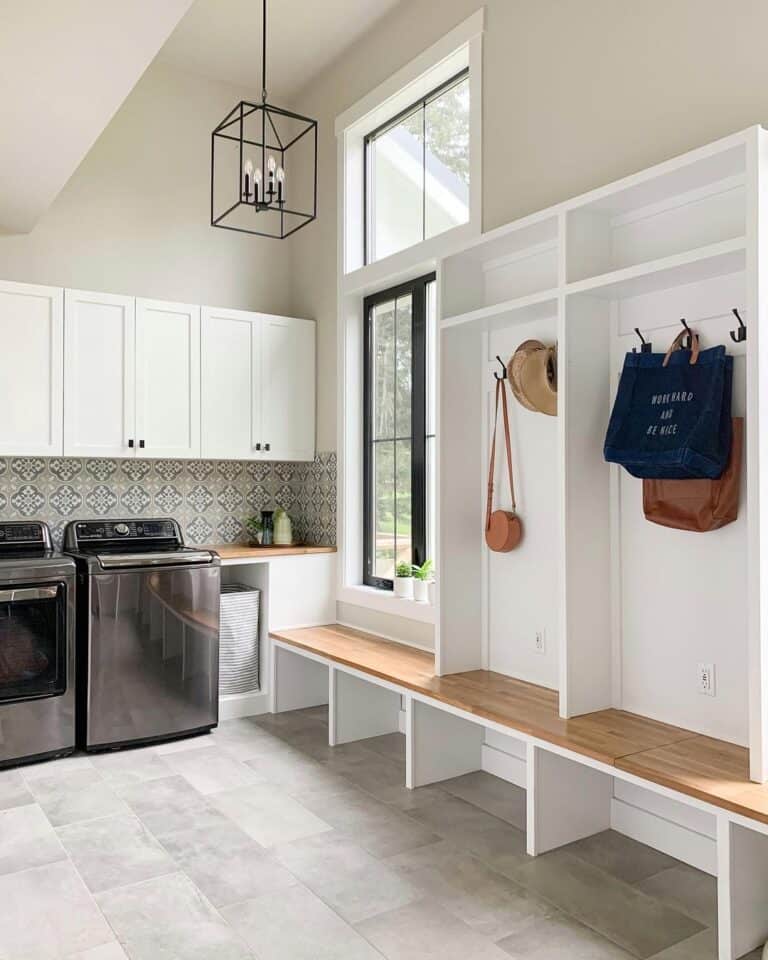 Black Lantern Style Chandelier in an Open Laundry Room