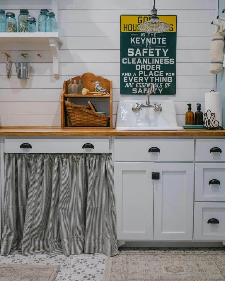 A Green Sign Over a Butcher Block Counter