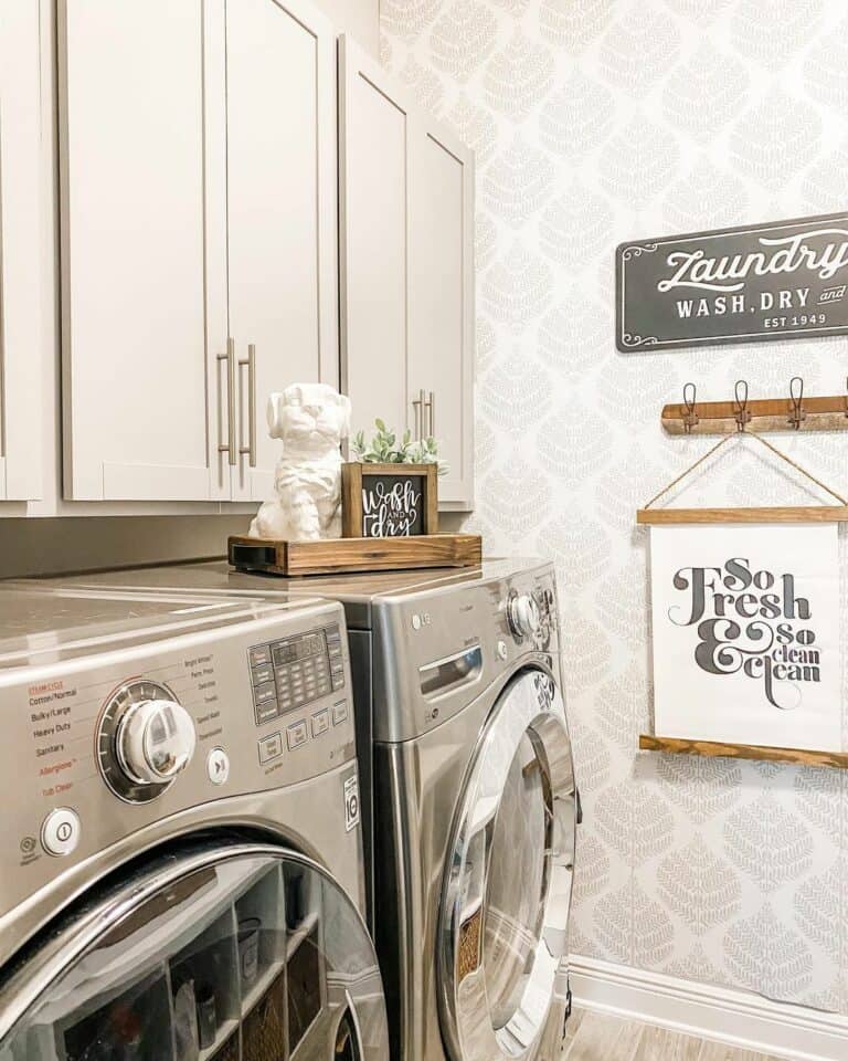 Whimsical Wallpaper and a Ceramic White Puppy