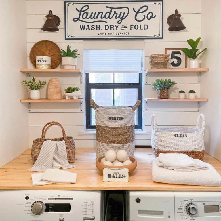 White and Black Vintage Laundry Sign Décor on Floating Shelves