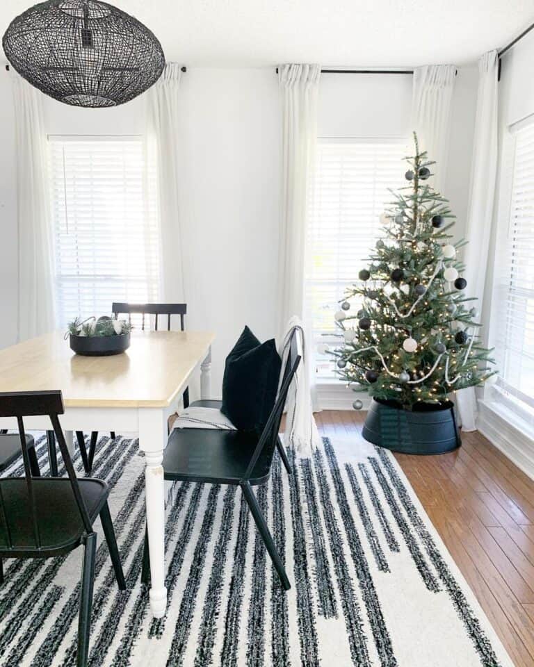 Modern Dining Room with White and Black Christmas Tree Decorations
