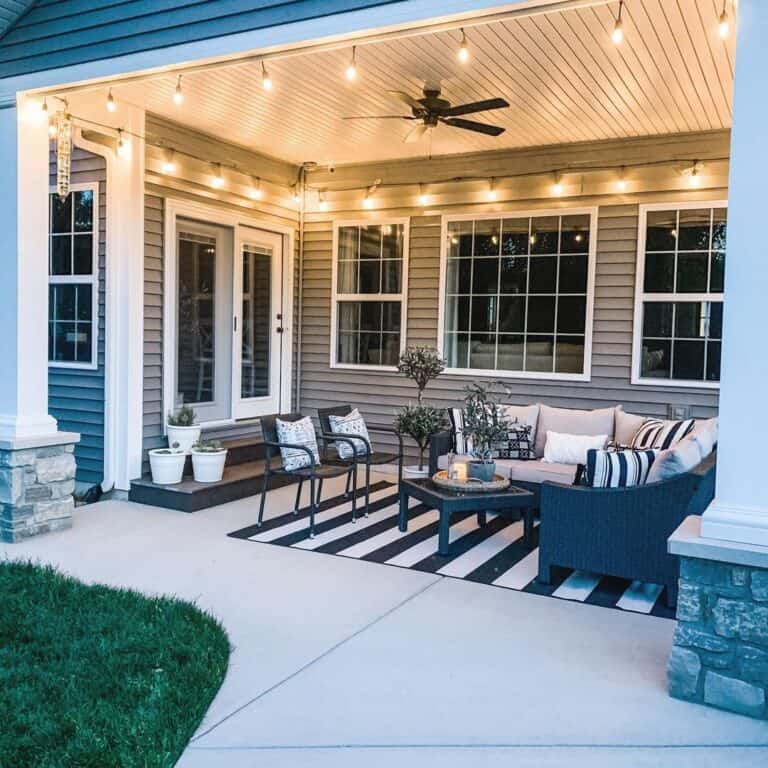 Modern Farmhouse Outdoor Lighting and a Dark Grey Sofa