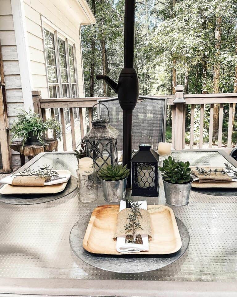 Patio Set on Porch with Wood Railing