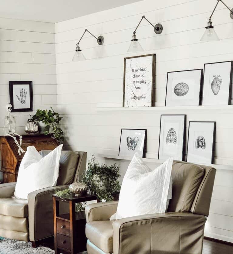 White Shelves with Black Gallery Wall Frames