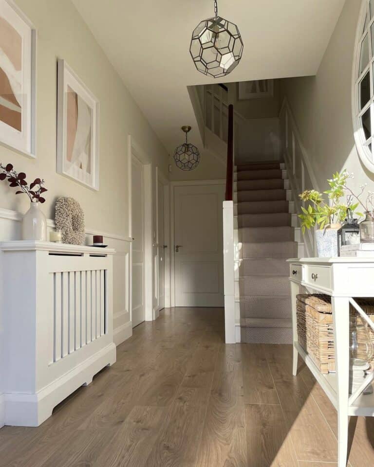 Geometric Pendants and White Console Tables