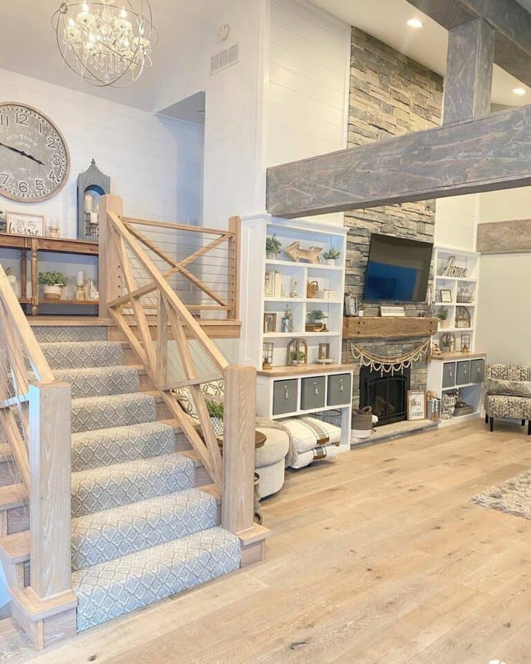 Gray Carpet on Stairs with Wood Railing