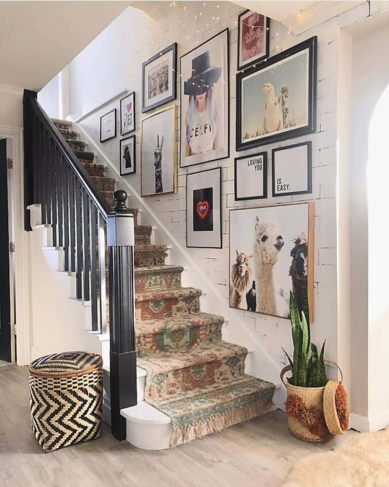 Antique Stair Runner Below Gallery Wall