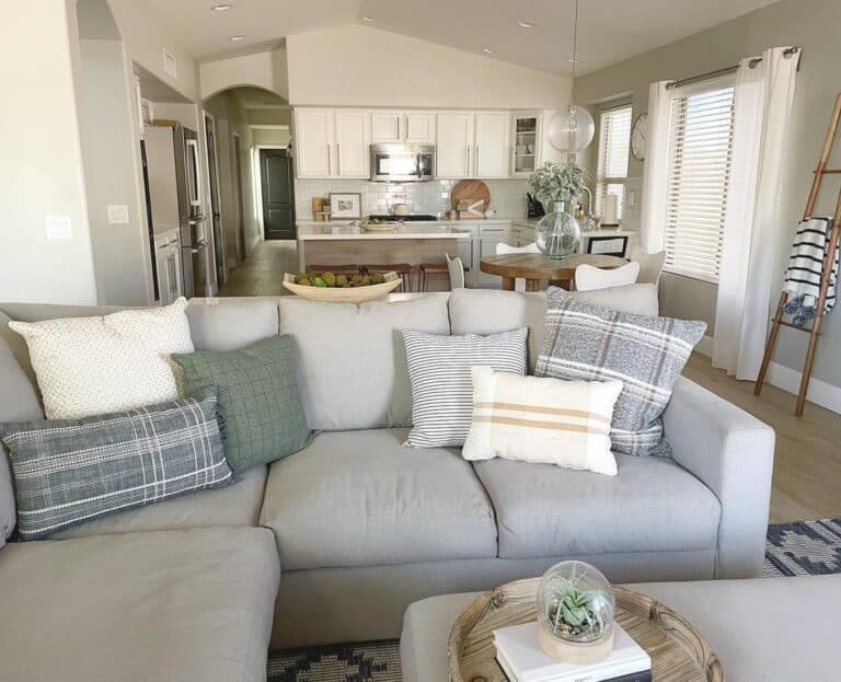 Pale Gray Corner Sofa and Blanket Ladder